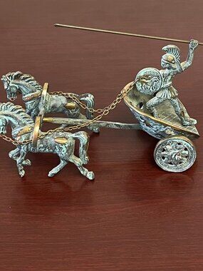 Vintage Roman Soldier w/Spear Driving Two-Horse Chariot - Copper and Brass - GUC